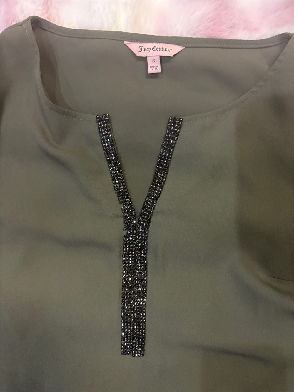 Juicy Couture Olive Green V-Neck Beaded Tunic - Picture 3 of 4
